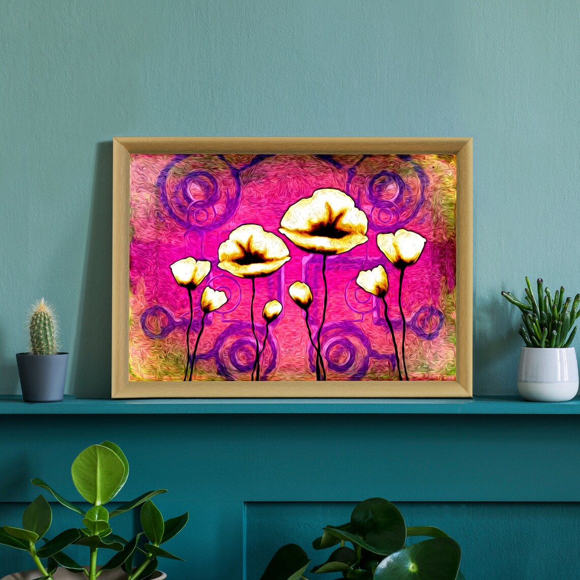 White Poppies Magenta Swirl Background Modern Floral Wall Art - Image 3