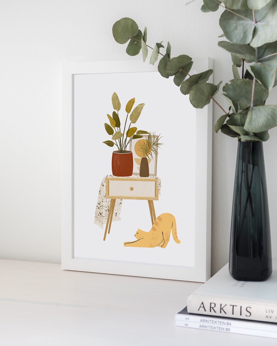 Boho Cat And Plant Illustration Art Print - Image 3