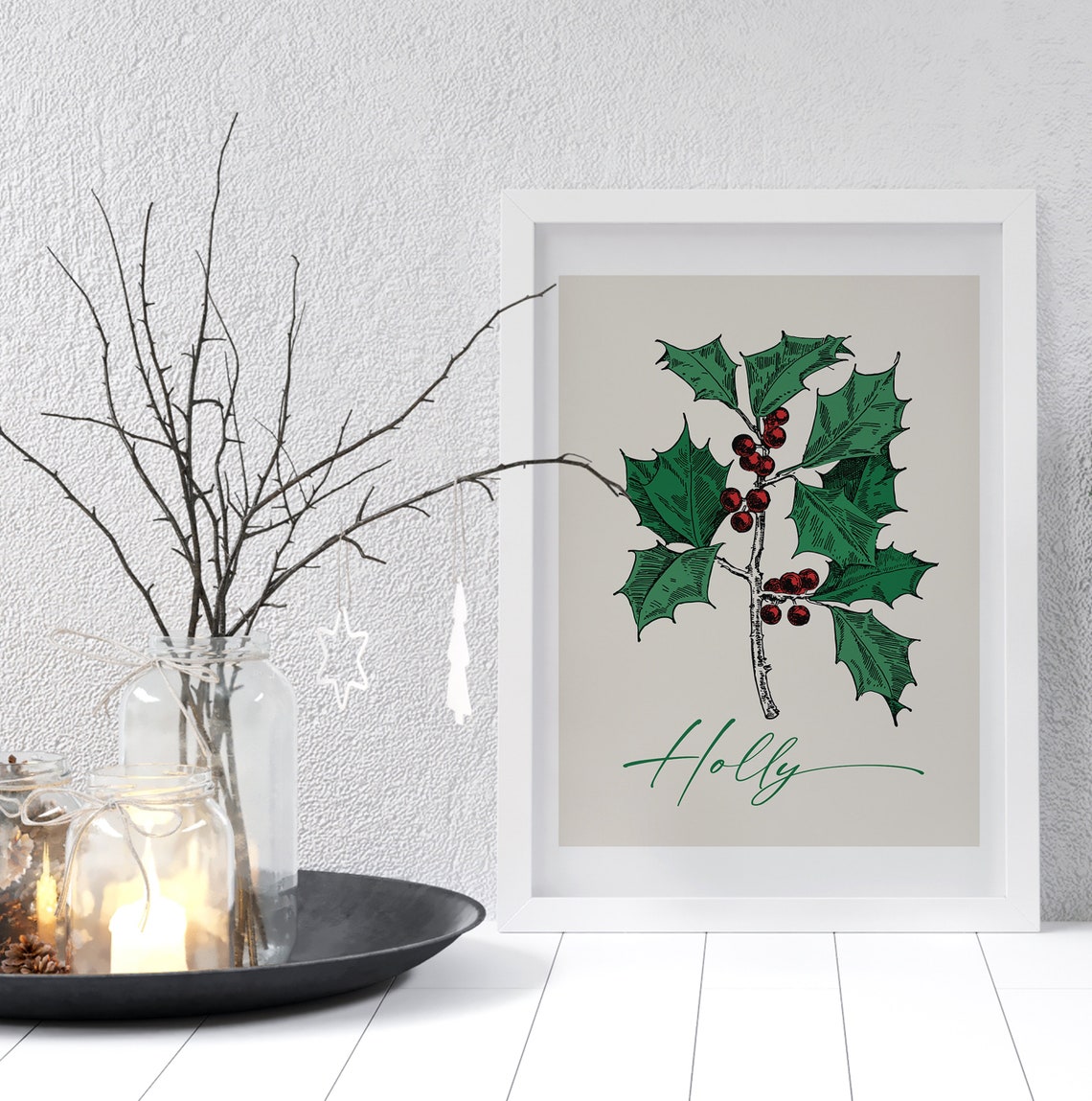 Holly Botanical Branch With Red Berries Vintage Christmas Poster - Image 3