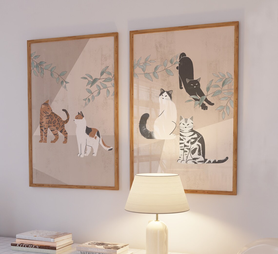 Cats and Plant Illustration, Boho Cat Poster - Image 2
