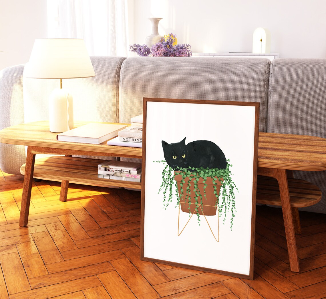 Black Cat and Plant Watercolor Art Print - Image 3