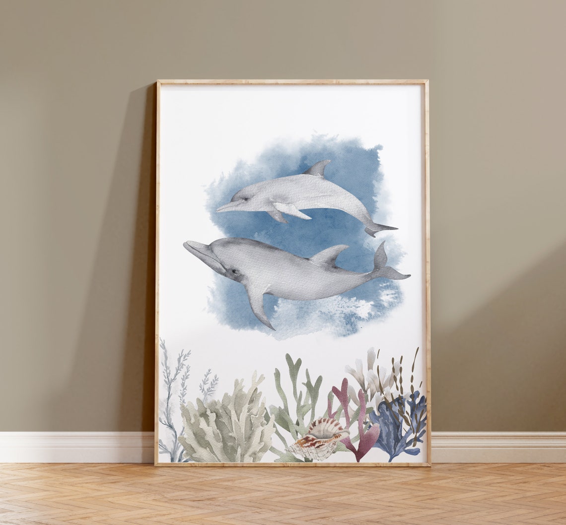 Watercolor Dolphins Ocean Sea Life Underwater Beach Wall Art
