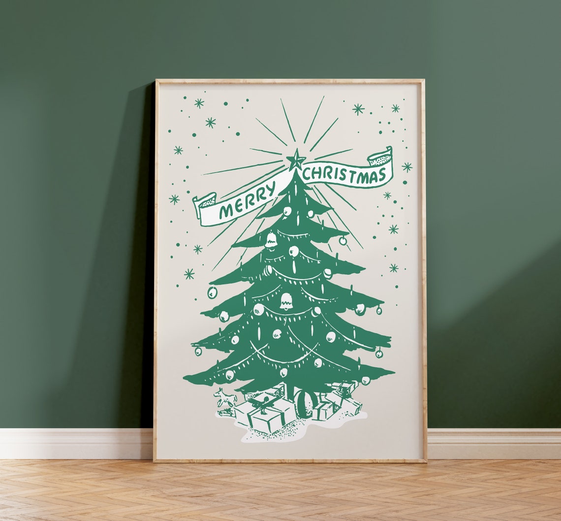 Merry Christmas Retro Green Christmas Tree Line Art Wall Art