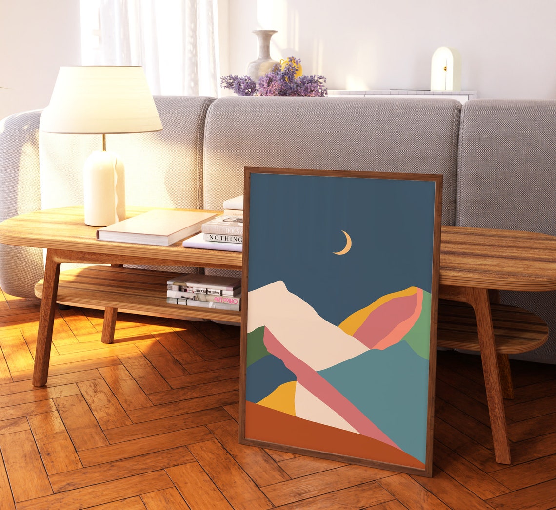 Night Sky Crescent Moon Mountain Abstract Color Block Art Print - Image 2