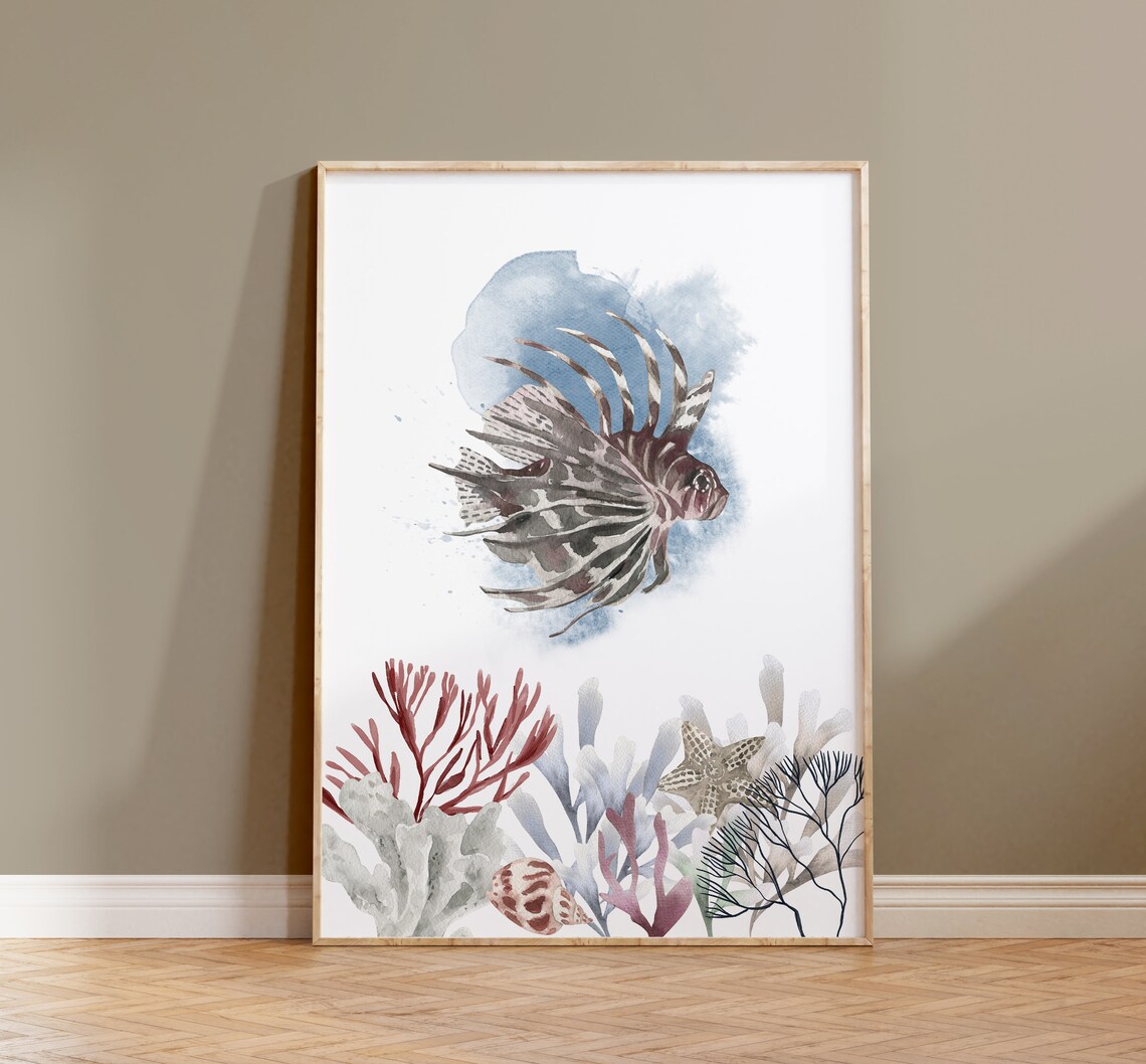 Red Lionfish Watercolor Fish Print, Ocean Sea Life