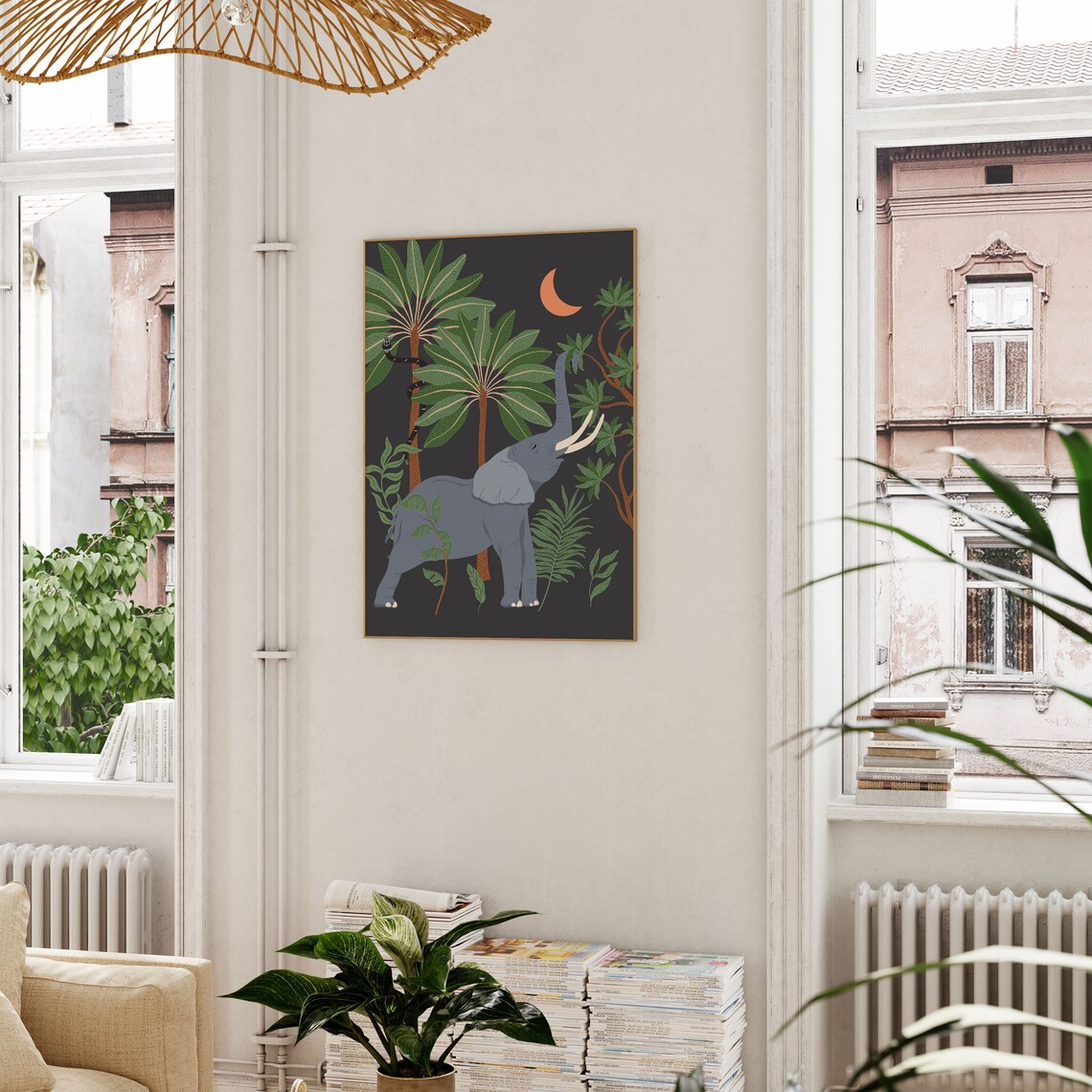 Boho Elephant Wall Art, Jungle Night Moon Print - Image 3