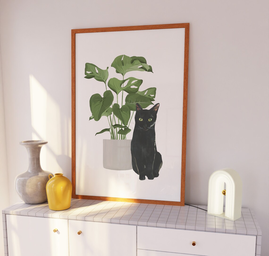 Black Cat Monstera Watercolor Cat Print, Art Poster - Image 3