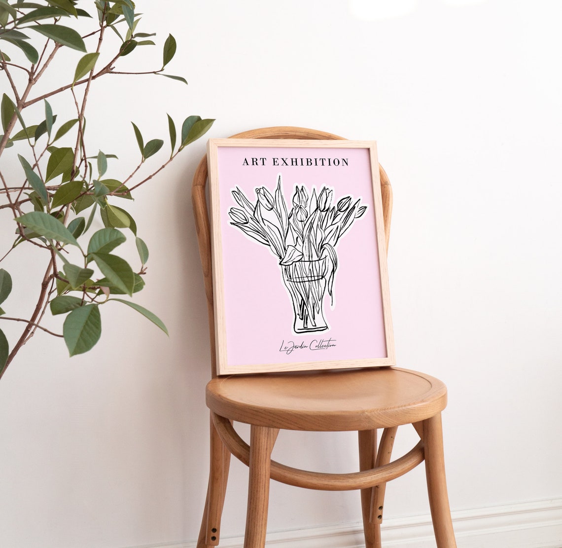 Art Exhibition Gallery Tulip Line Bouquet Pink Botanical Art Print - Image 4
