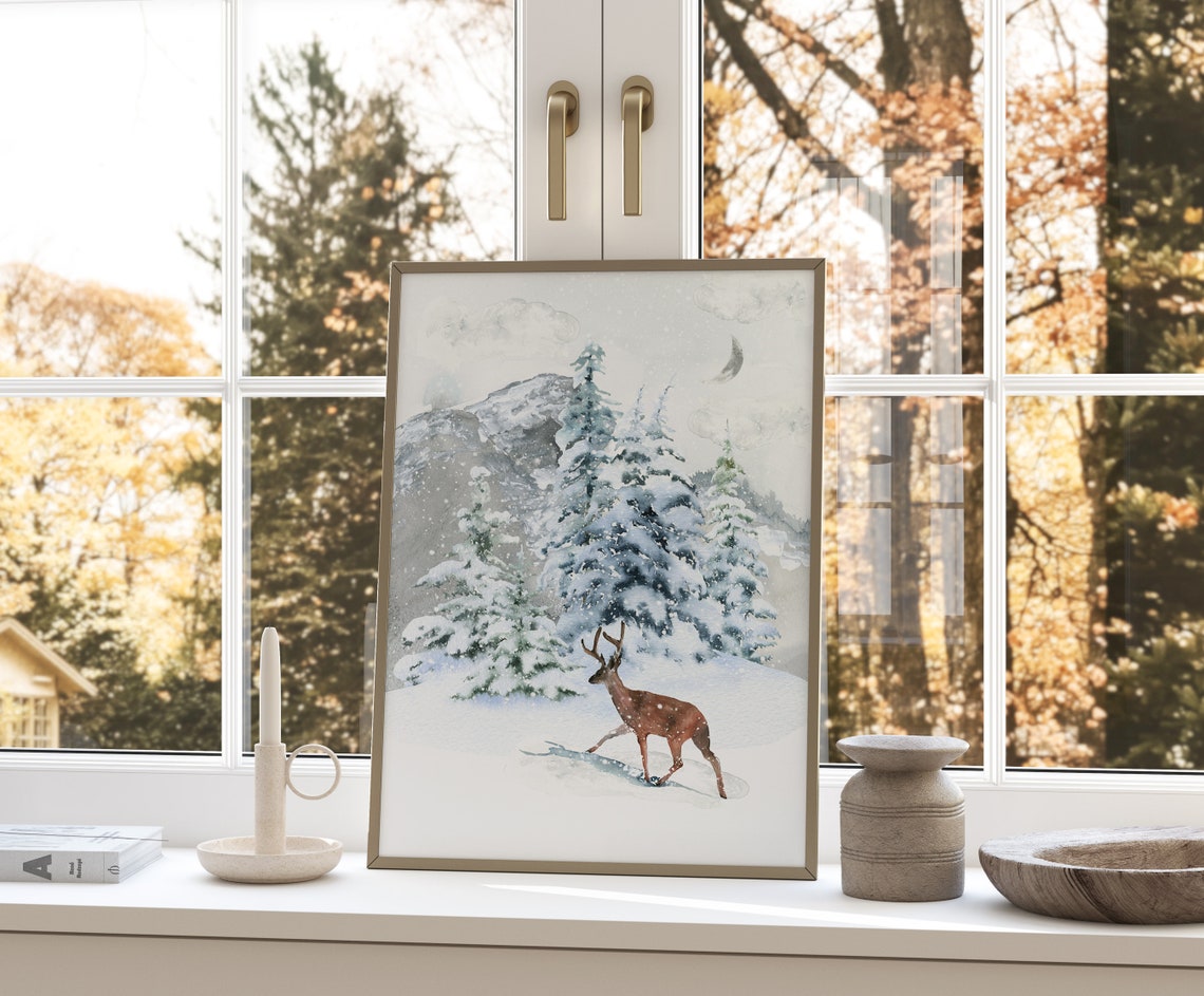 Deer Standing In Snowy Pine Forest Under Crescent Moon Poster - Image 4