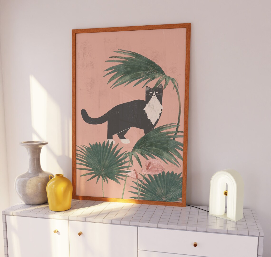 Cat and Tropical Plants Boho Cat Art Print - Image 2