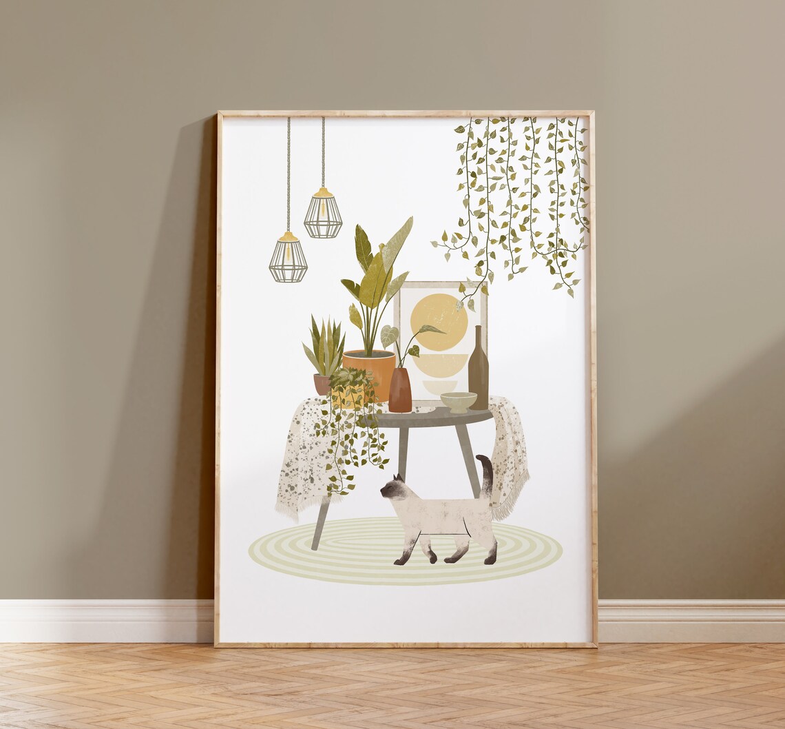 Boho Plants With Siamese Cat, Cat Art Print
