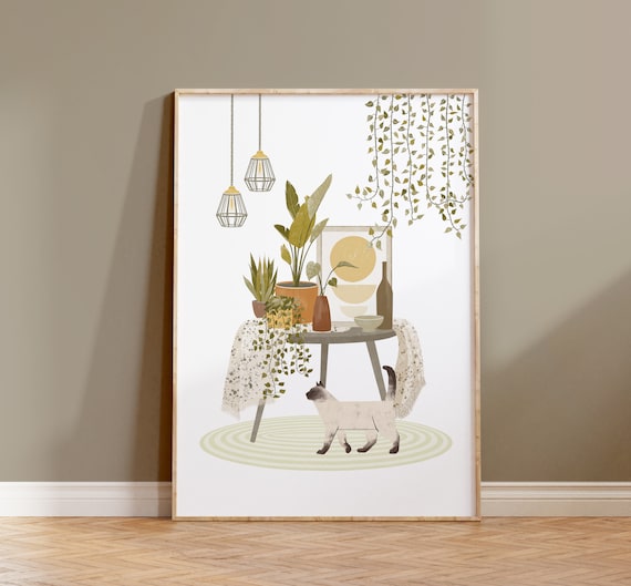 Boho Plants With Siamese Cat, Cat Art Print
