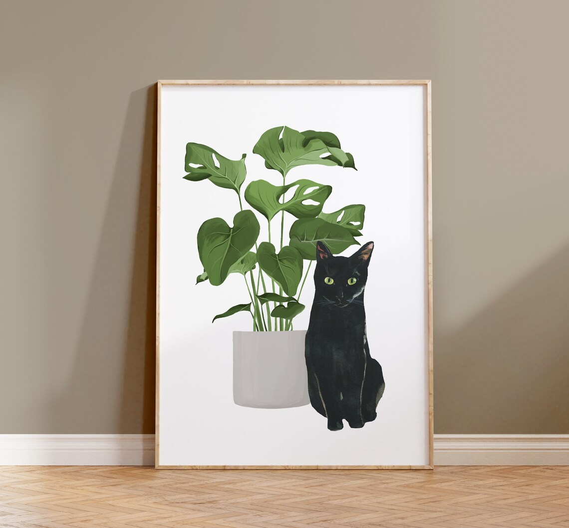 Black Cat Monstera Watercolor Cat Print, Art Poster
