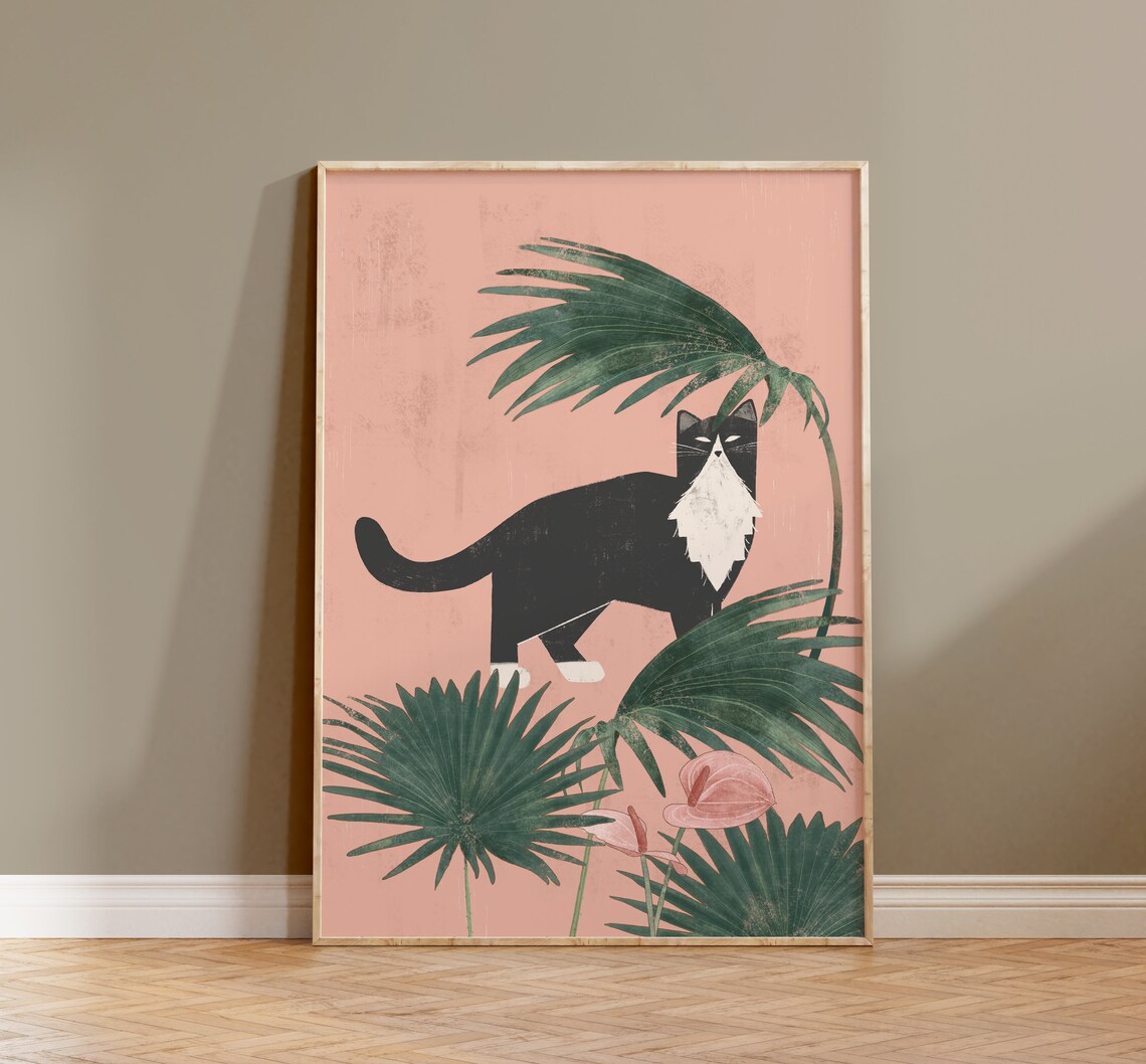 Cat and Tropical Plants Boho Cat Art Print