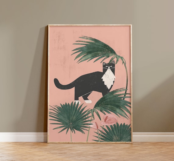 Cat and Tropical Plants Boho Cat Art Print