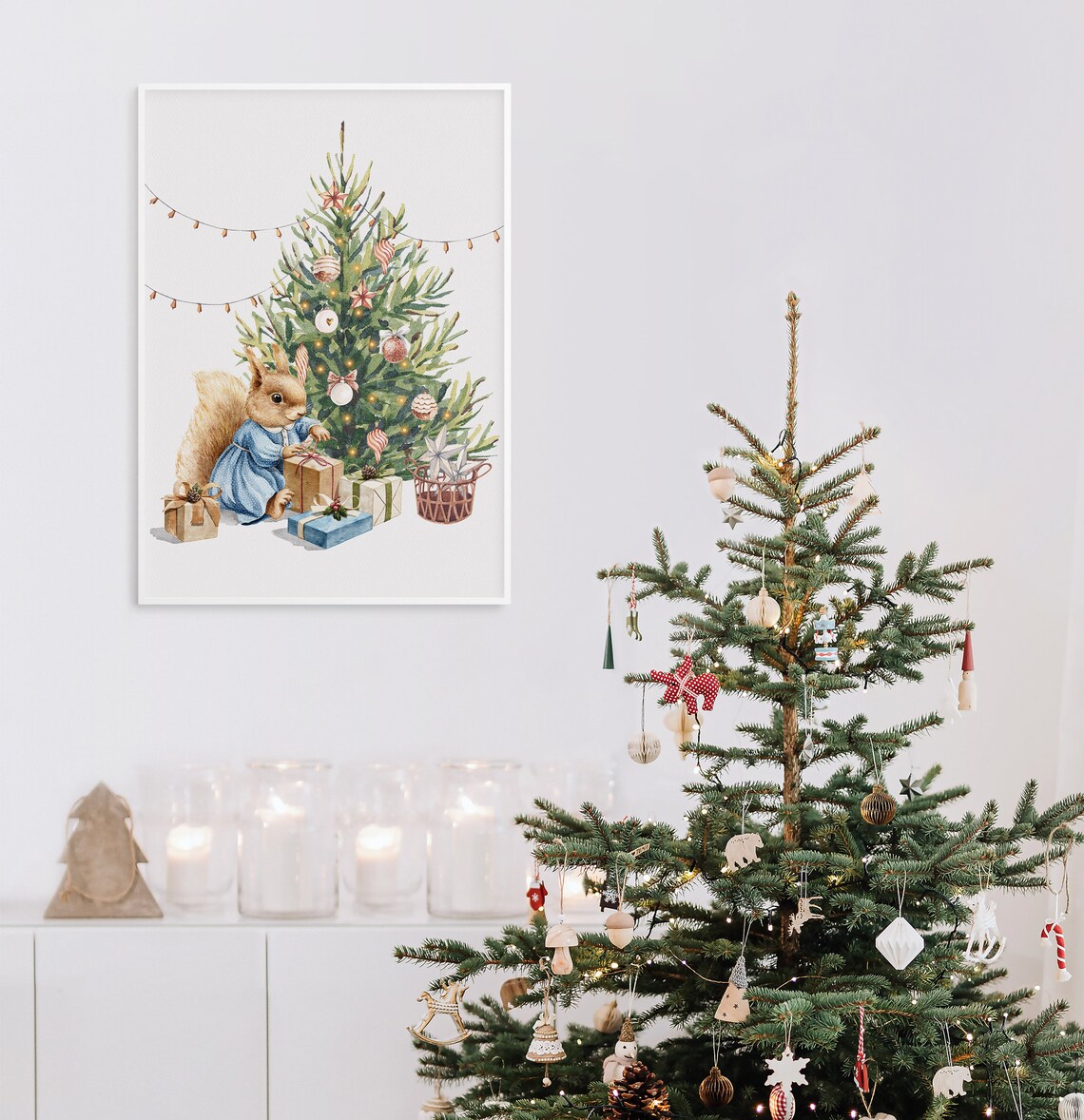 Little Squirrel In Blue Dress Opening Gift By Christmas Tree Poster - Image 2