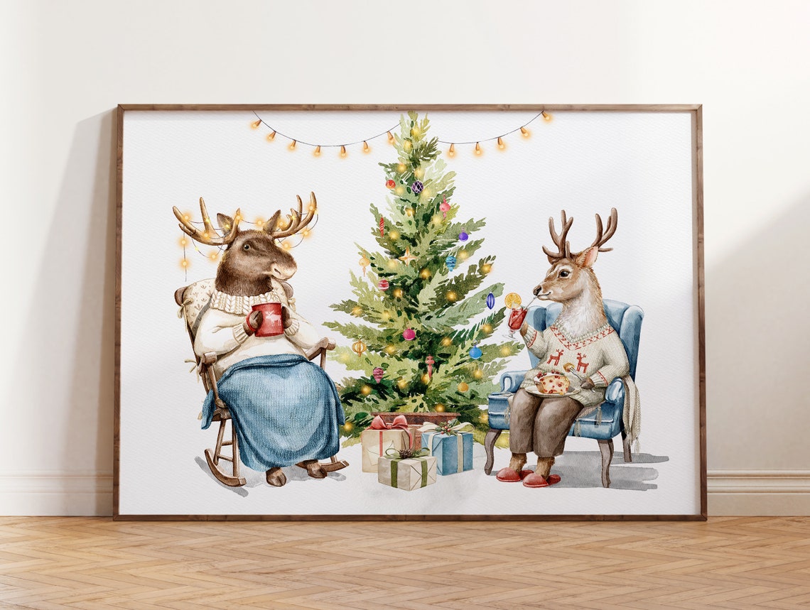 Cozy Reindeer Pair Sharing Cocoa Beside Christmas Tree Wall Art