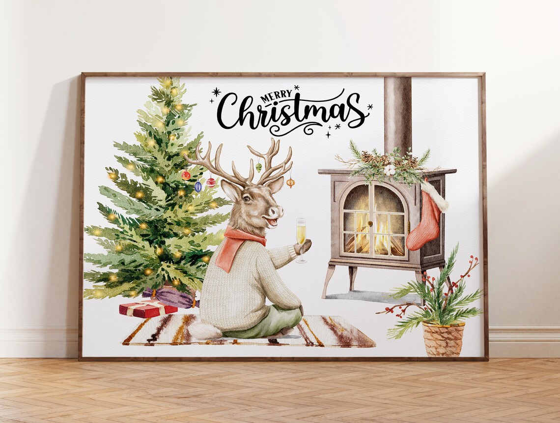 Merry Christmas Reindeer Celebrating By Cozy Stove Watercolor Poster