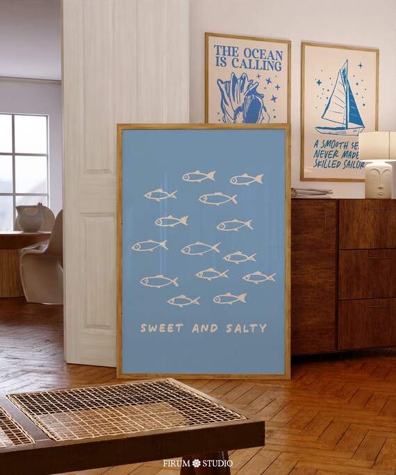 Sweet and Salty Fish Quote Poster with Cream Fish on Blue Background