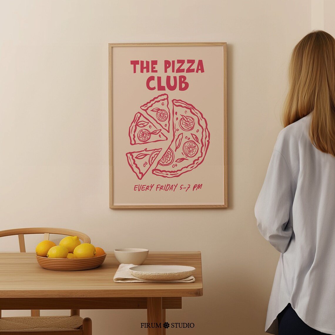 The Pizza Club Red Pizza Line Art Poster Kitchen Dining Room Decor