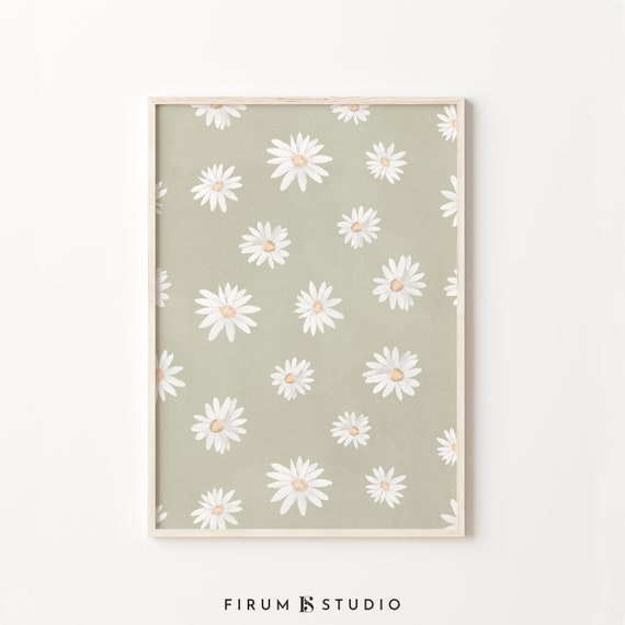 Sage Green Botanical Daisies Boho Art Print