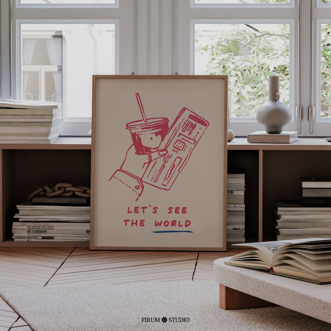 Lets See The World Poster with Hand Holding Iced Coffee and Map