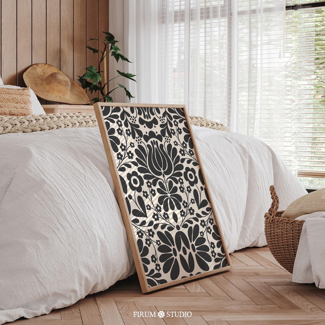 Scandinavian Folk Floral Damask Black Beige Vintage Wall Art - Image 2