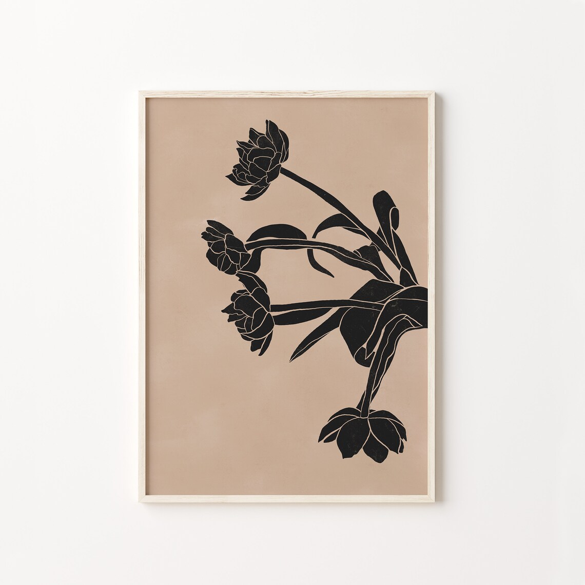 Dark Peonies on Warm Beige Minimalist Floral Silhouette Wall Art