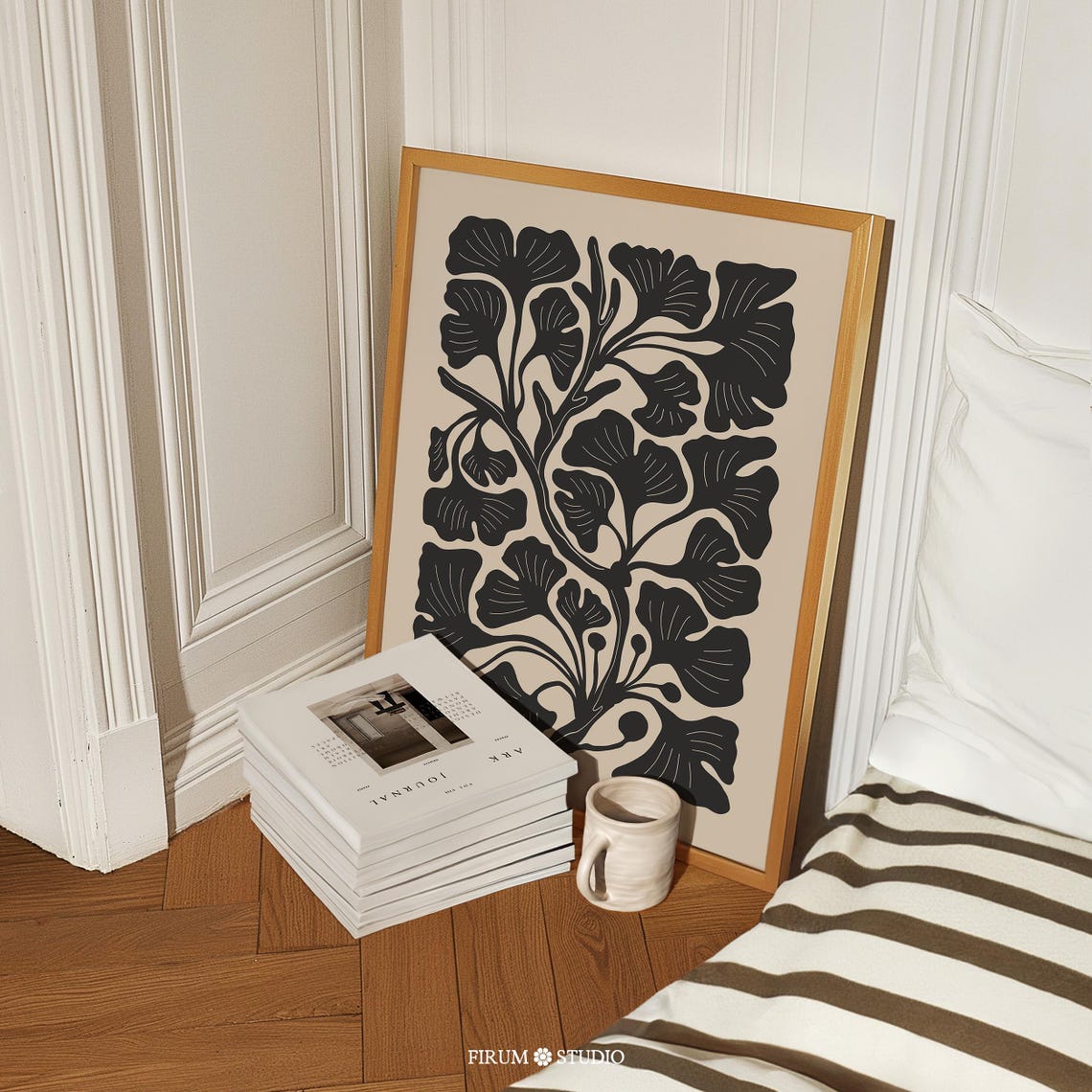 Black Ginkgo Leaves on Beige Modern Dark Botanical Art Print