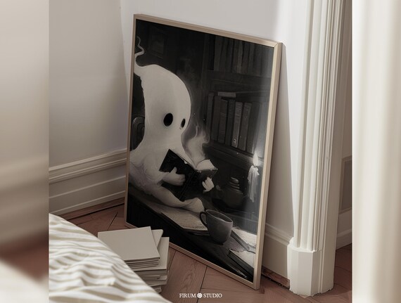 Reading Ghost Dark Library Vintage Black And White Halloween Poster