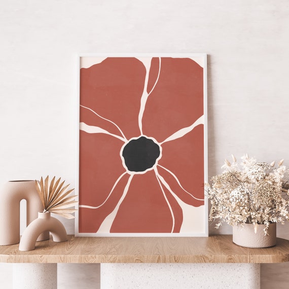 Red Poppy Art Print, Earth-Tones Floral Illustration