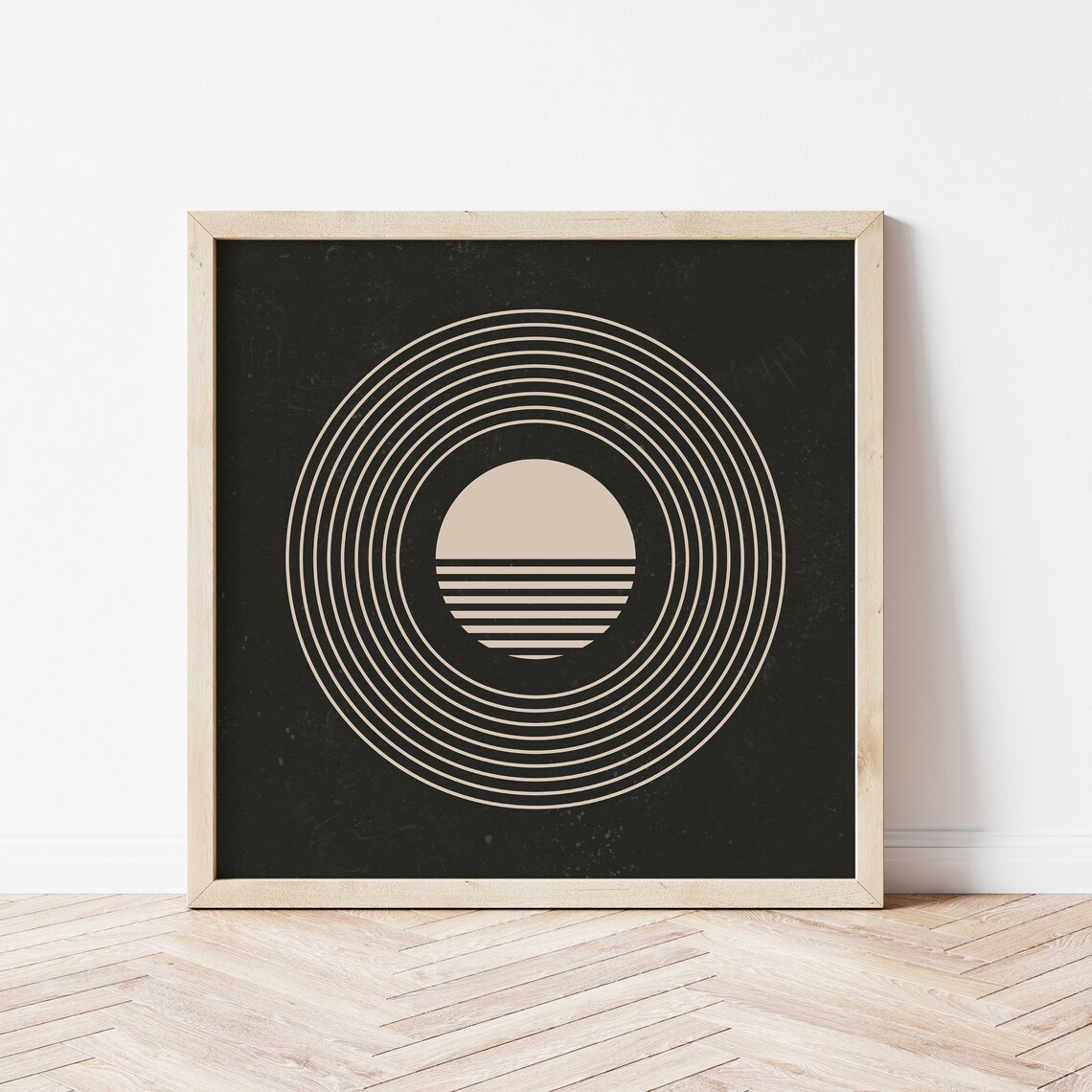Beige Retro Sun Circle on Black Mid Century Modern Art Poster