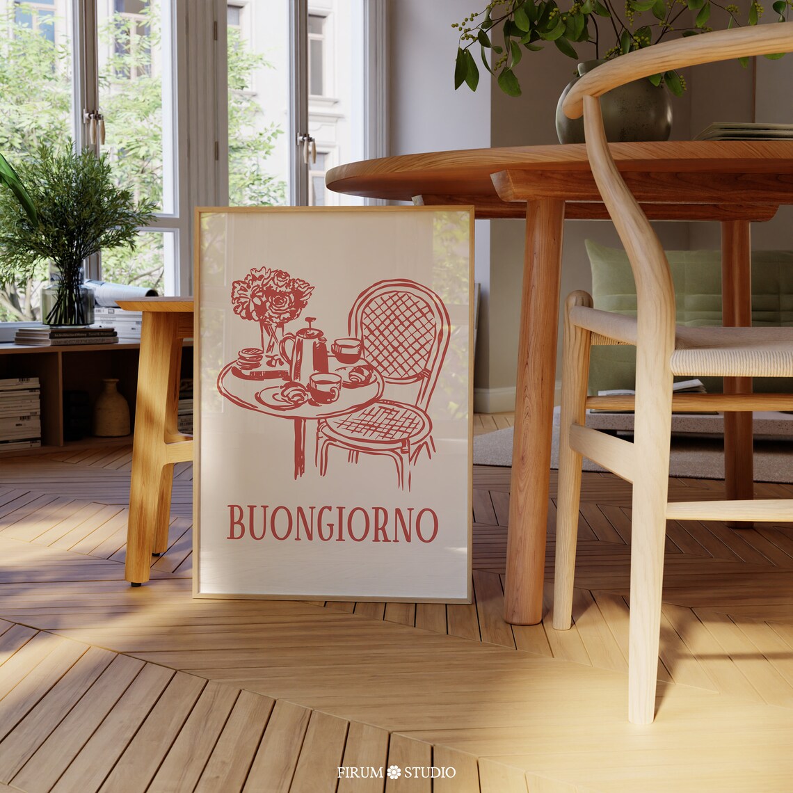 Buongiorno Italian Cafe Scene Line Drawing Kitchen Art Poster