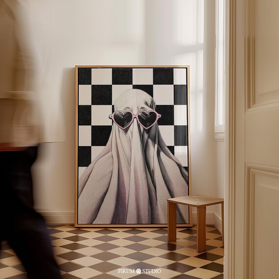 Ghost Heart Sunglasses Poster Checkerboard Halloween Art Trendy Wall Decor