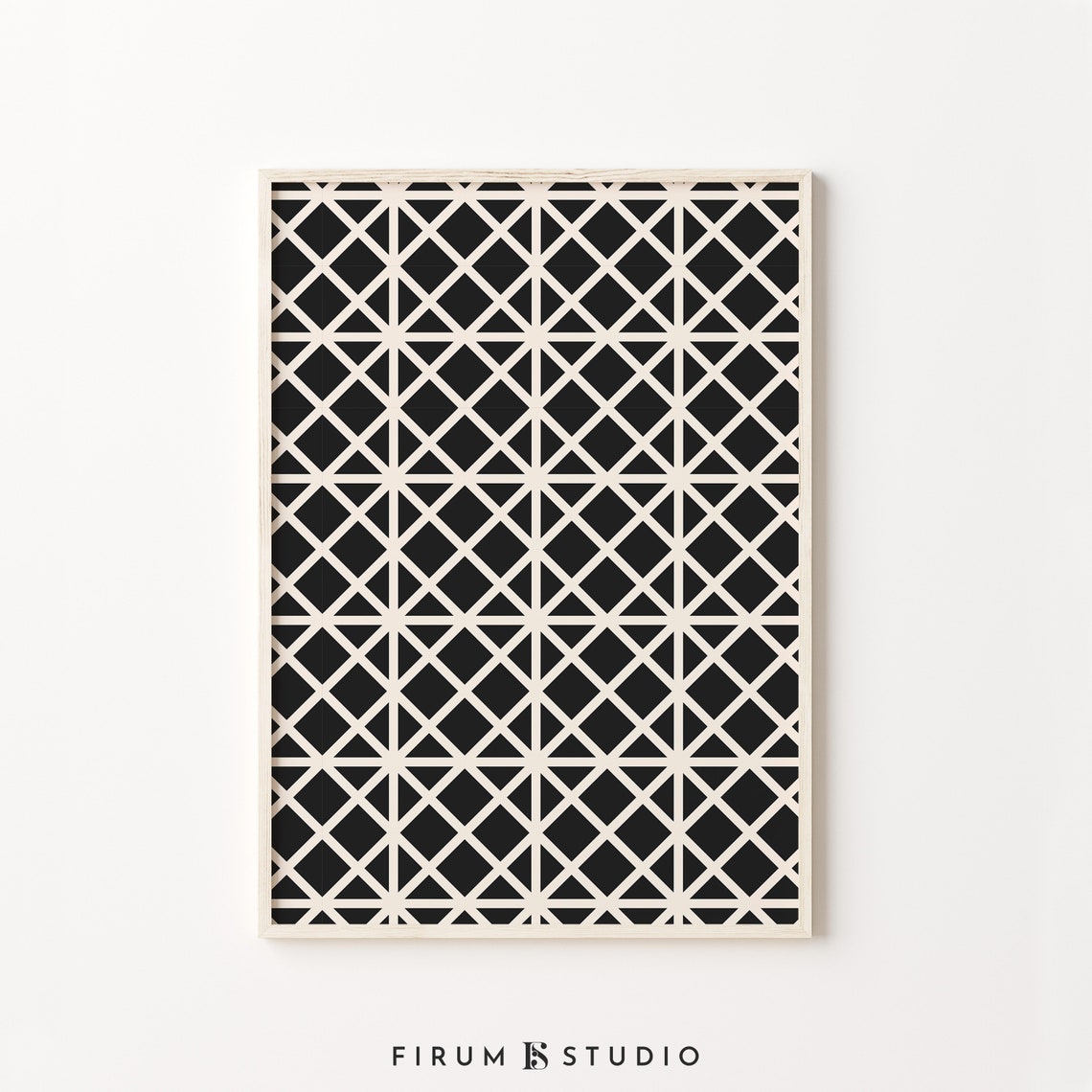 Black And Cream Geometric Diamond Lattice Pattern Minimalist Print