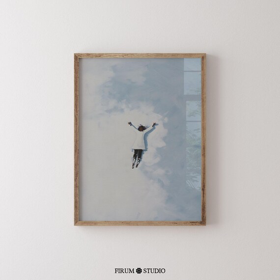 Woman Making Snow Angel Minimalist Blue Winter Snow Scene Poster