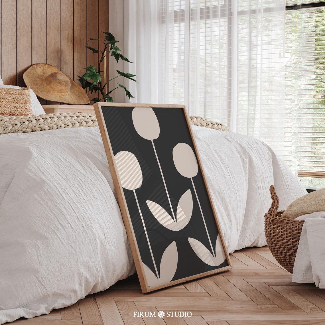 Beige Floral Black Background Abstract Mid Century Modern Art Print - Image 2