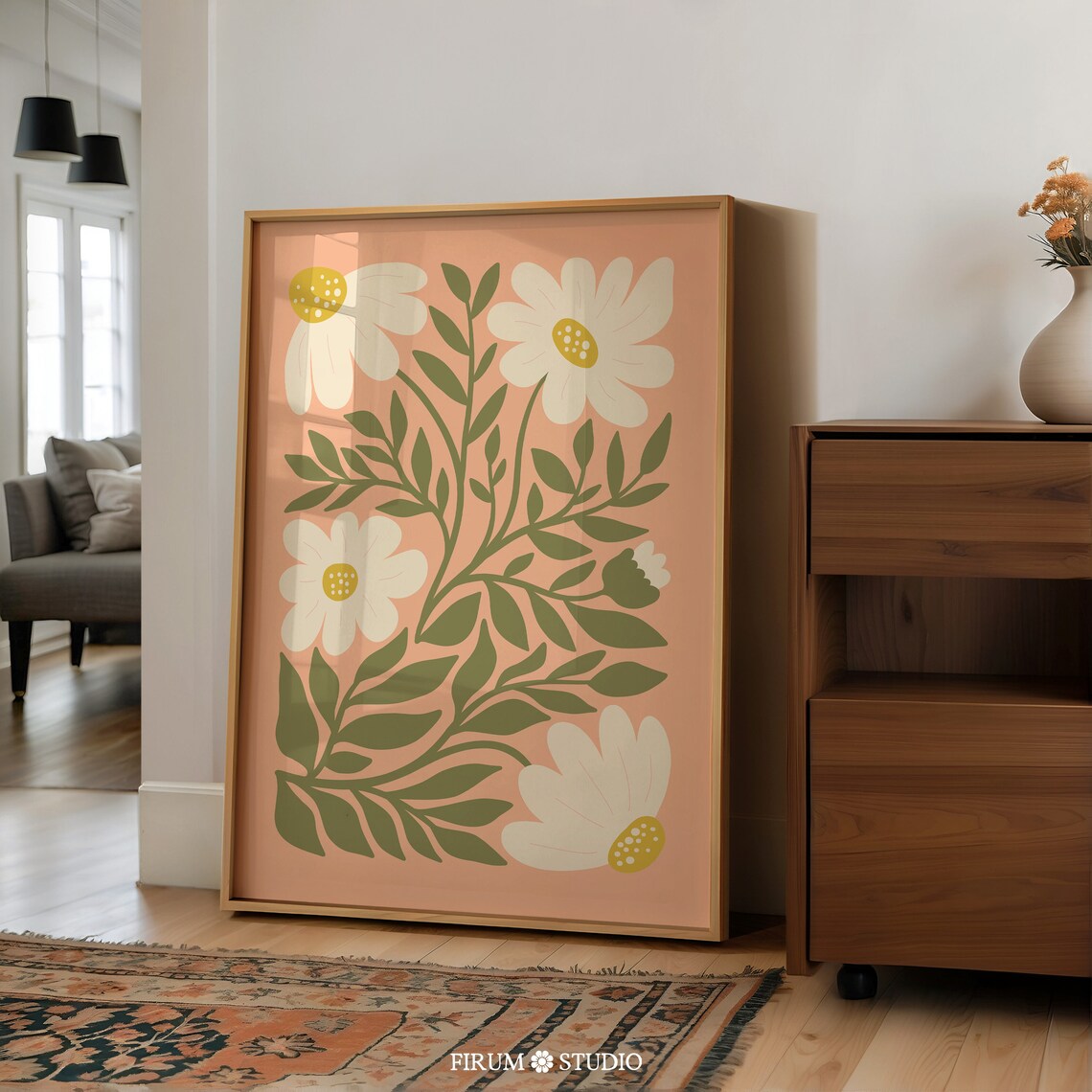 Peach Floral Daisy Botanical Illustration Cozy Spring Wall Art - Image 2