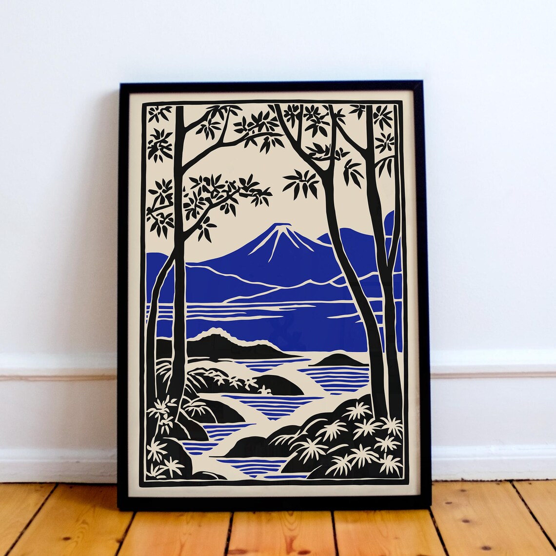 Mount Fuji Blue Black Ink Japanese Landscape Lake Trees Poster