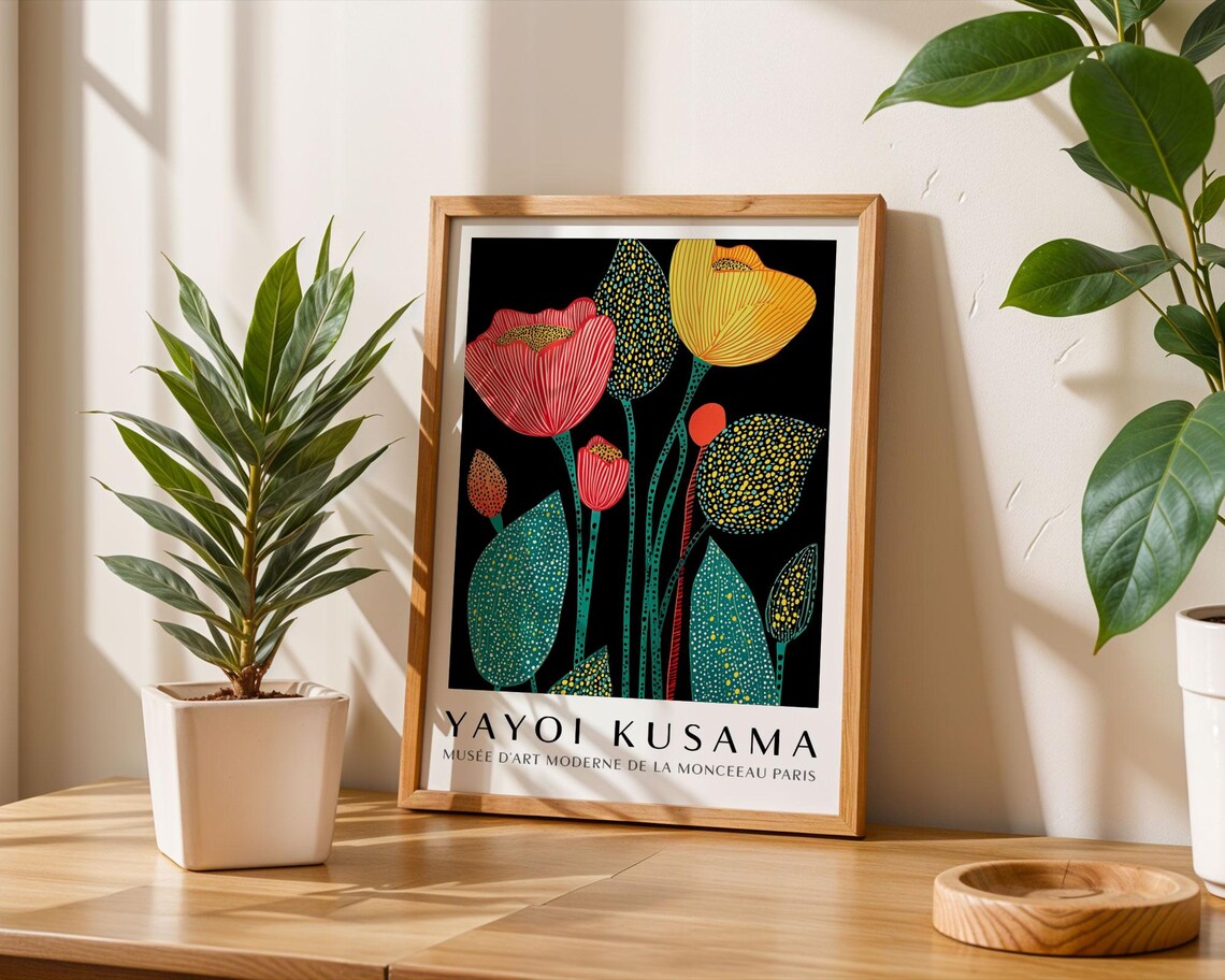 Yayoi Kusama Stylized Poppy Flowers on Black Dotted Museum Poster - Image 6