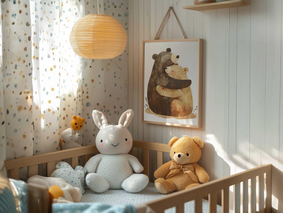 Two Brown Bears Hugging In Tall Grass Woodland Nursery Poster - Image 4