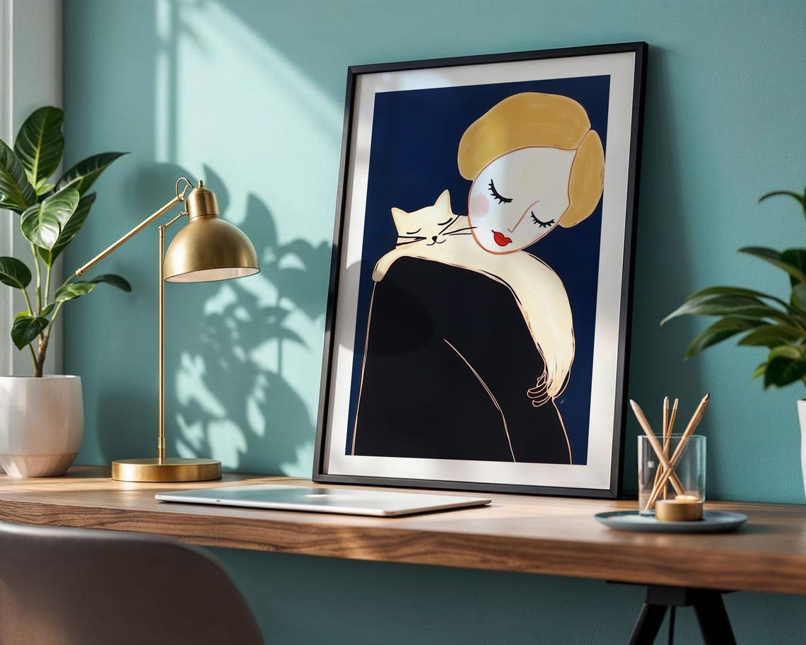 Blonde Woman Holding White Cat Navy Blue Modern Portrait Poster - Image 4