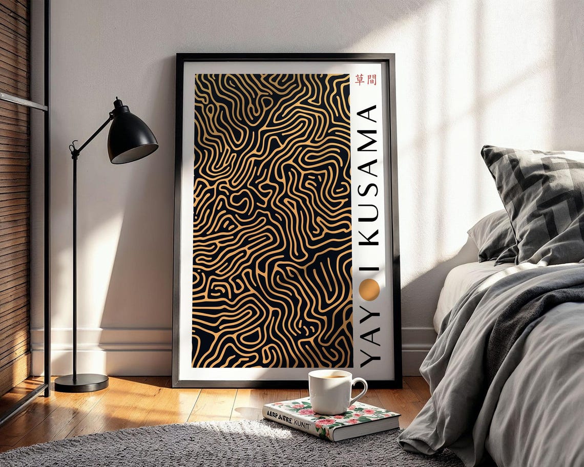 Yayoi Kusama Gold Wavy Maze Pattern on Black Modern Art Poster - Image 2