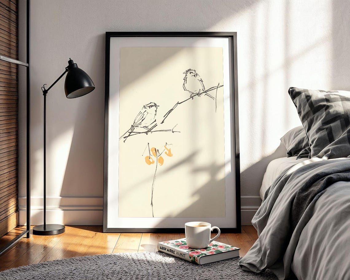Minimalist Ink Sparrows On Bare Branch Japanese Style Poster - Image 2