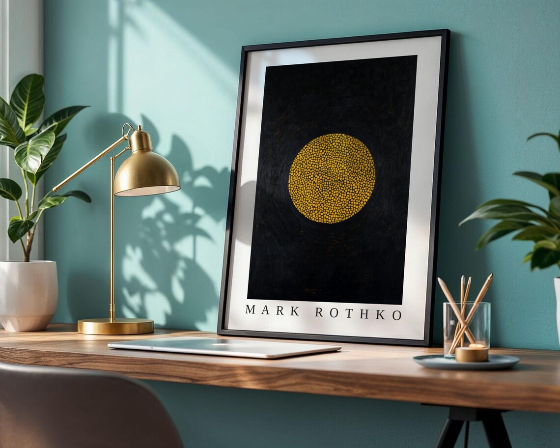 Mark Rothko Golden Dotted Circle Glowing on a Black Background Poster - Image 2