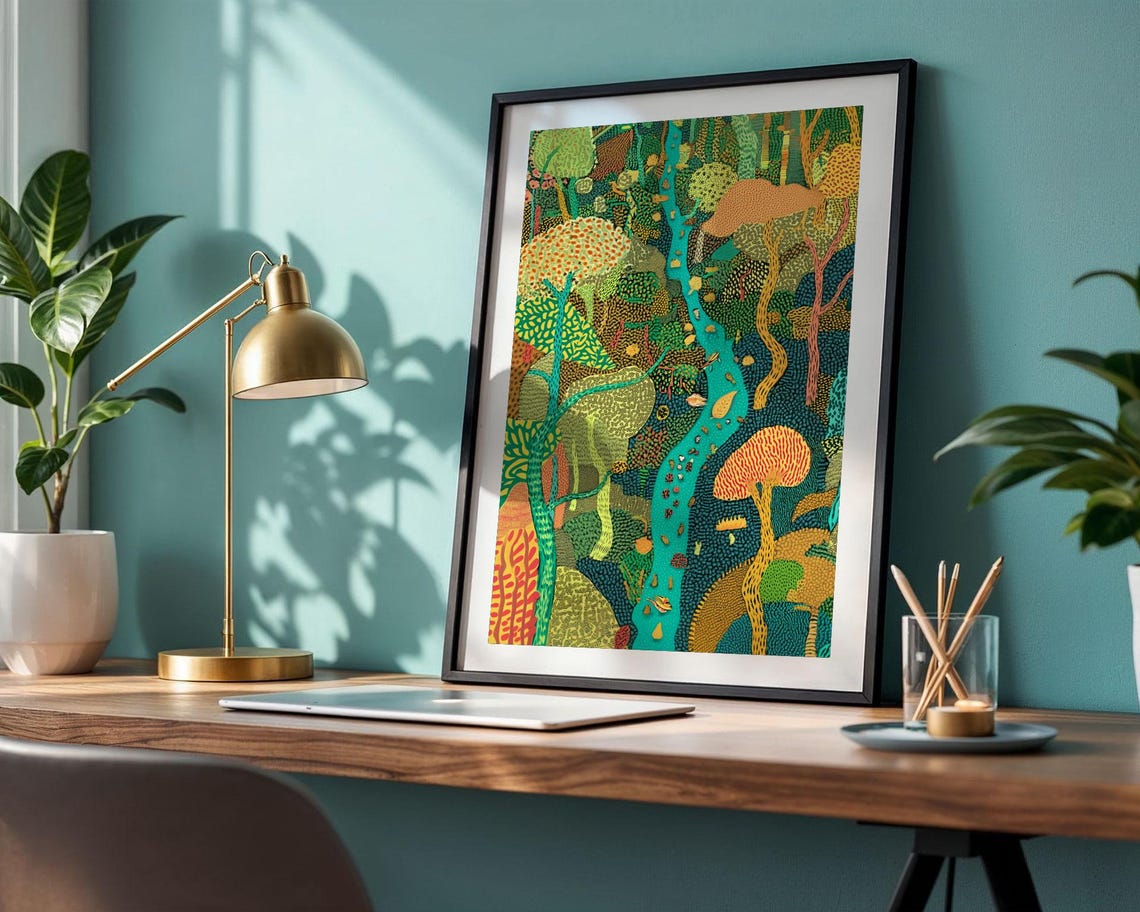 Dense Dotted Forest With Teal River Flowing Abstract Nature Poster - Image 4