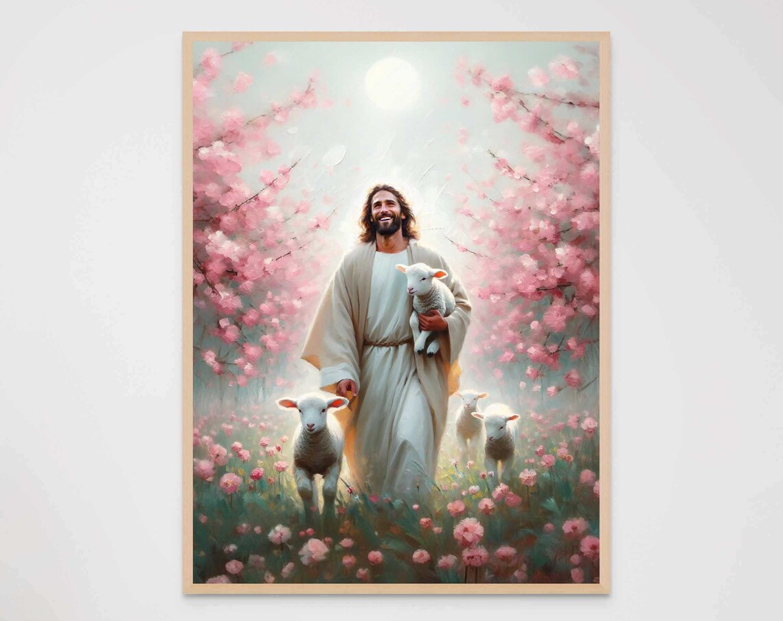 Jesus the Good Shepherd With Lambs in Cherry Blossom Art Poster