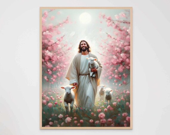 Jesus the Good Shepherd With Lambs in Cherry Blossom Art Poster