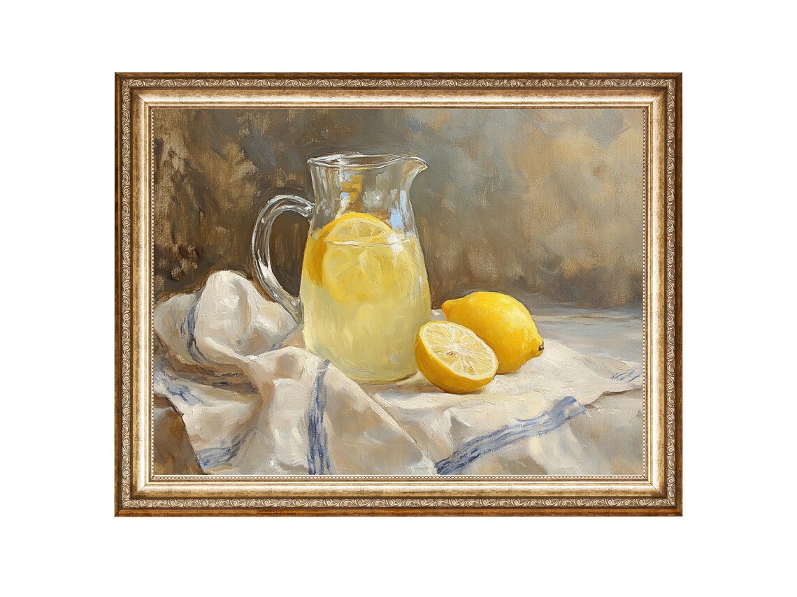 Glass Jug of Lemonade and Lemons, Cottage Core Art Print