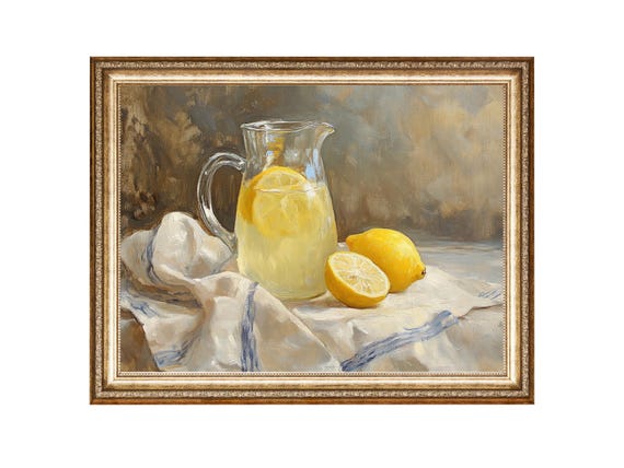 Glass Jug of Lemonade and Lemons, Cottage Core Art Print